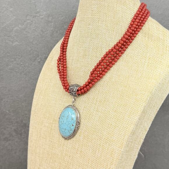 Multi Strand Red Coral and Turquoise Sterling Silver Pendant Statement Necklace - Picture 5 of 11
